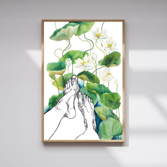 WHITE LOTUS – Large Original Botanical Nude Painting – Mixed Media Linocut & Acrylic Art