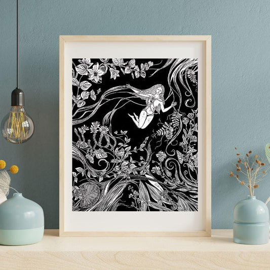 Ophelia | Original Linocut Print | Botanical Femenine Black & White Hand-pulled | Wall Art Decor