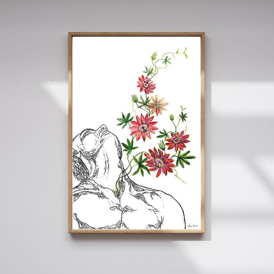 PASSIFLORA – Large Original Botanical Figurative Painting – Mixed Media Linocut & Acrylic Art
