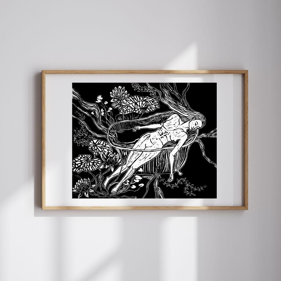 Water Lilies | Original Linocut Print | Botanical Black & White Hand-pulled Artwork