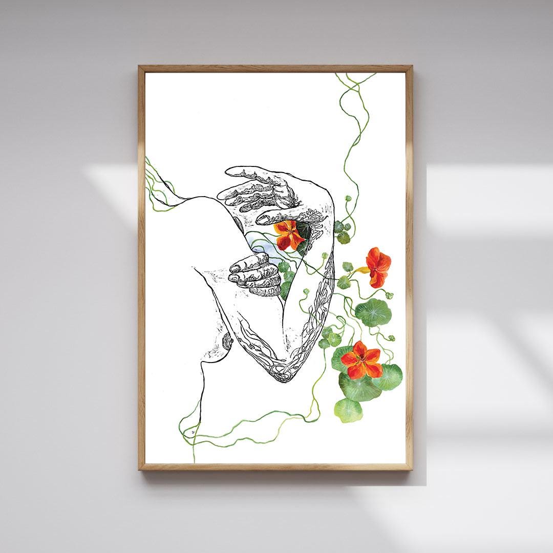 NASTURTIUM – Large Original Botanical Nude Painting – Mixed Media Linocut & Acrylic Art