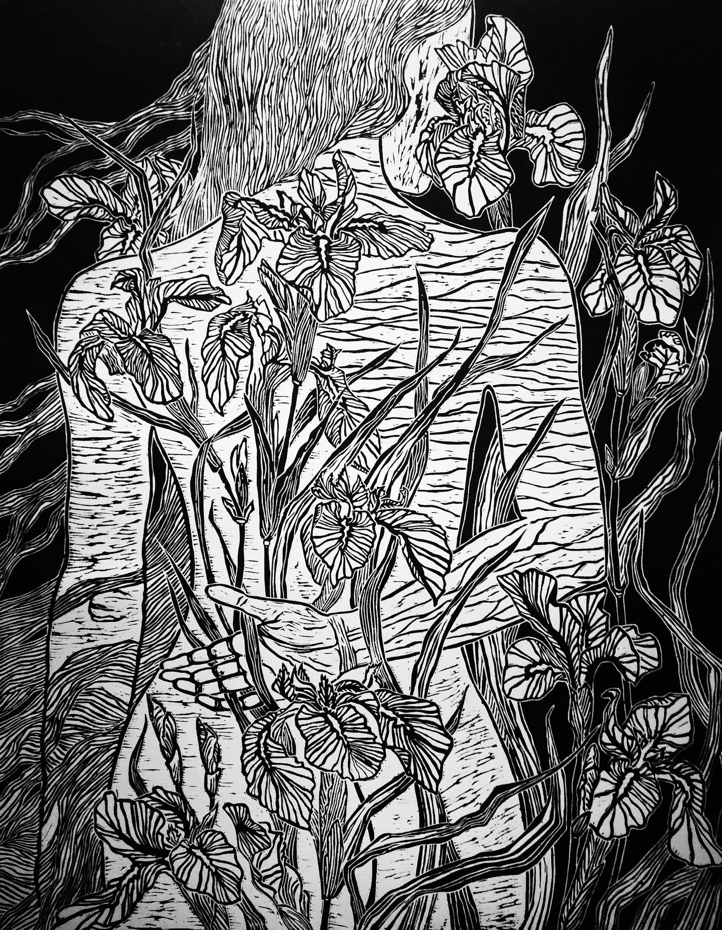 Iris | Original Linocut Print | Botanical Black & White Artwork Hand-pulled Wall Decor