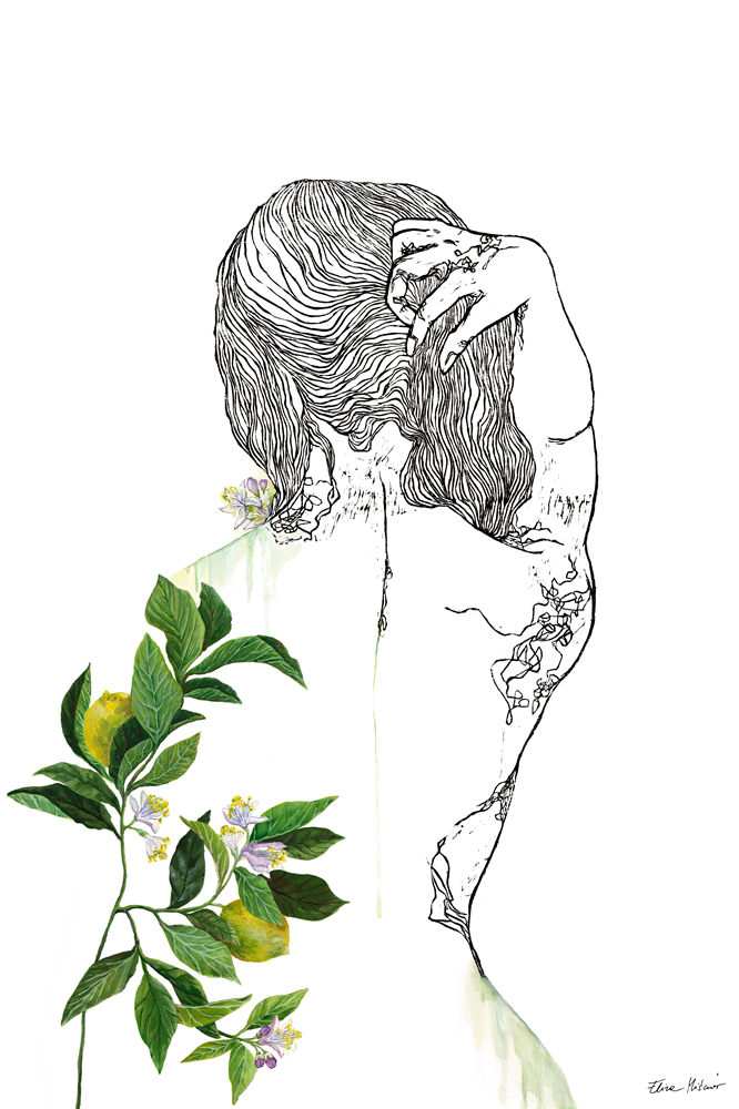 CITRUS x LIMON – Large Original Lemon Botanical Nude Painting – Mixed Media Linocut & Acrylic Art