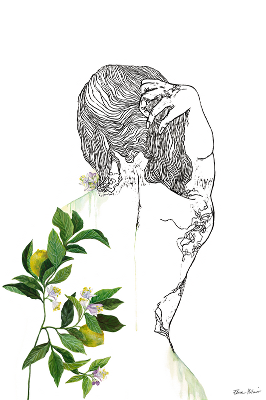 CITRUS x LIMON – Large Original Lemon Botanical Nude Painting – Mixed Media Linocut & Acrylic Art
