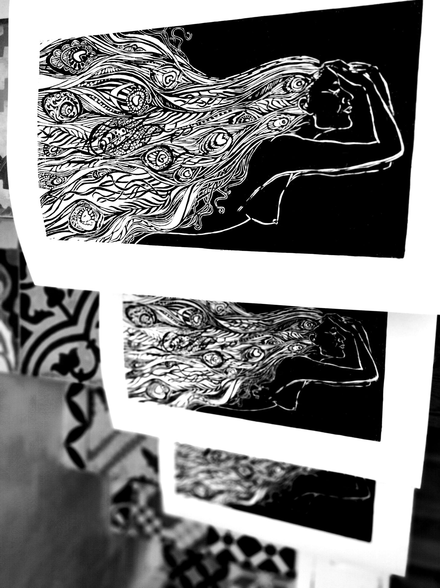 Of Water And Feathers | Original Linocut Print | Peacock Feathers | Hand-pulled Wall Art Decor