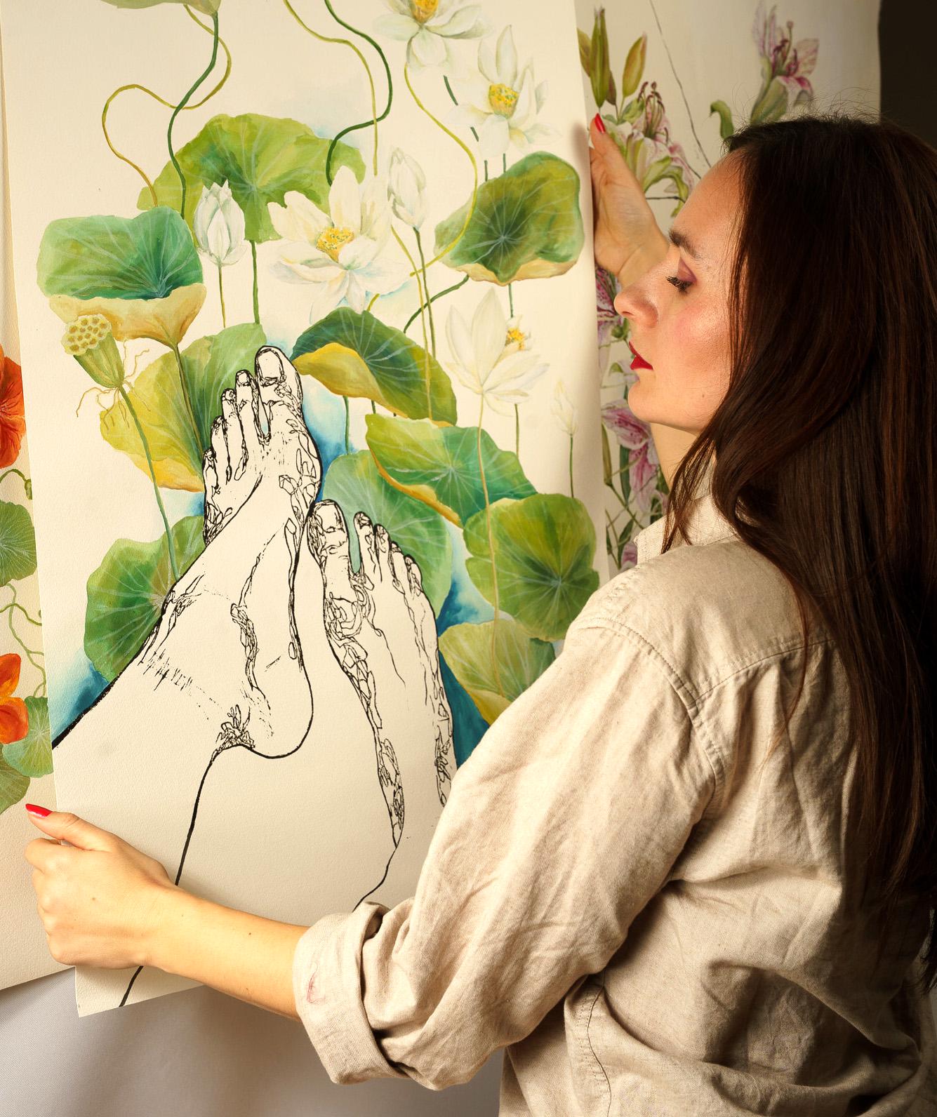 WHITE LOTUS – Large Original Botanical Nude Painting – Mixed Media Linocut & Acrylic Art