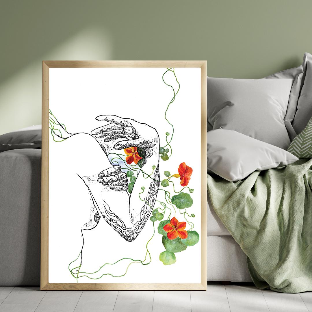 NASTURTIUM – Large Original Botanical Nude Painting – Mixed Media Linocut & Acrylic Art