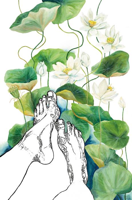 WHITE LOTUS – Large Original Botanical Nude Painting – Mixed Media Linocut & Acrylic Art