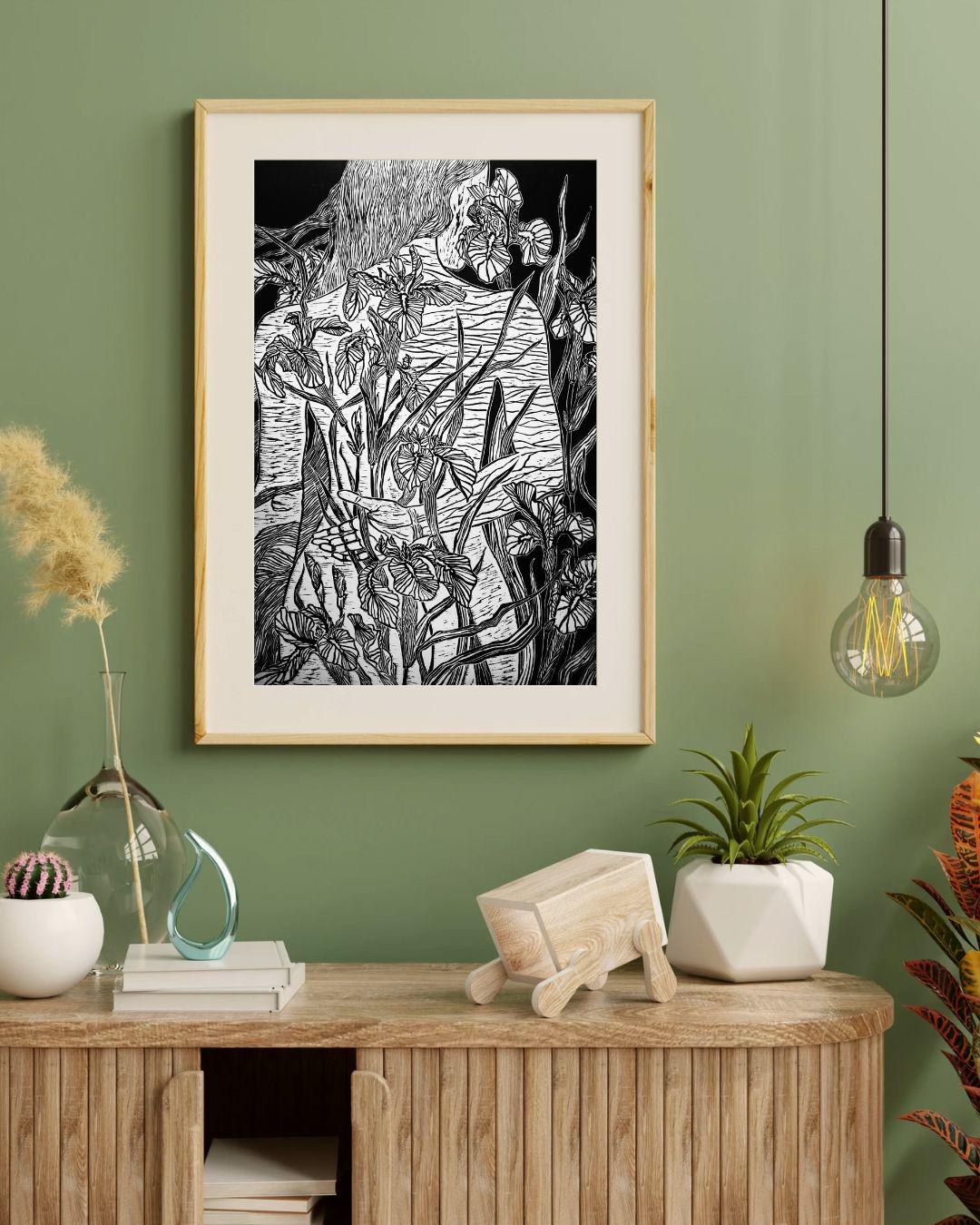 Iris | Original Linocut Print | Botanical Black & White Artwork Hand-pulled Wall Decor