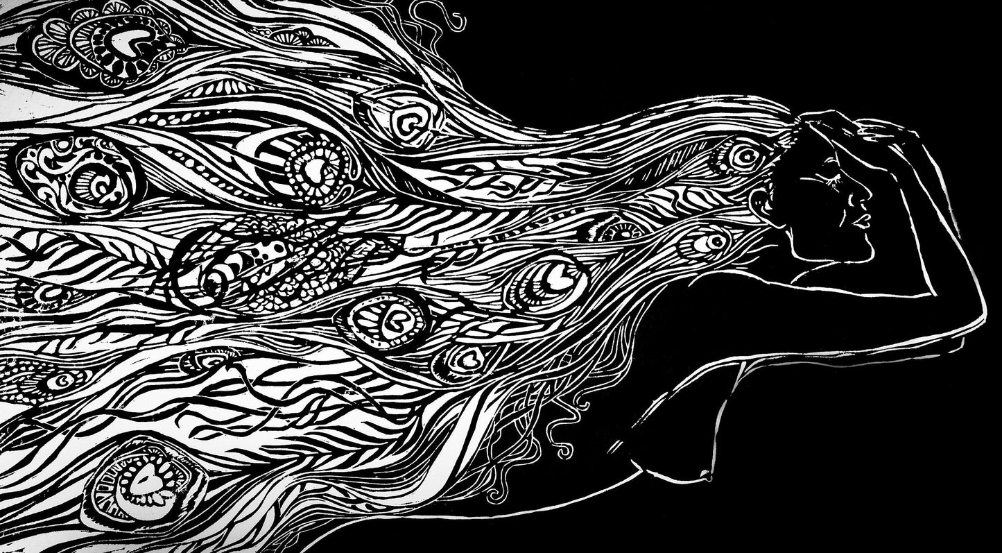 Of Water and Feathers XL | Original Peacock Feather Linocut Print | Hand-pulled Wall Art