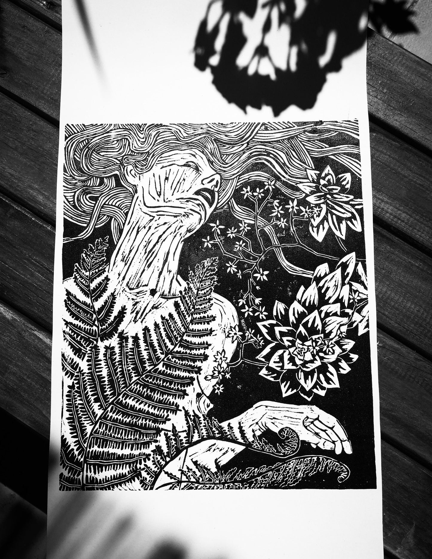 Fern Flower | Original Linocut Print | Botanical Black & White Hand-pulled | Wall Art Decor