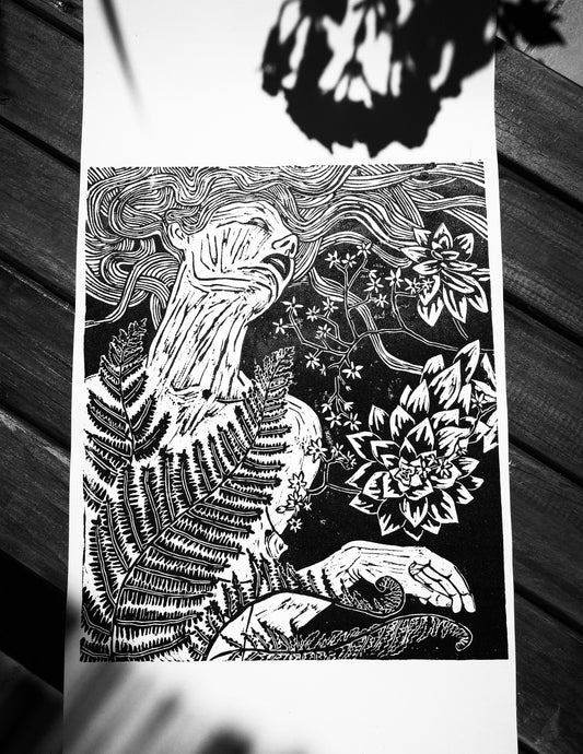 Fern Flower | Original Linocut Print | Botanical Black & White Hand-pulled | Wall Art Decor