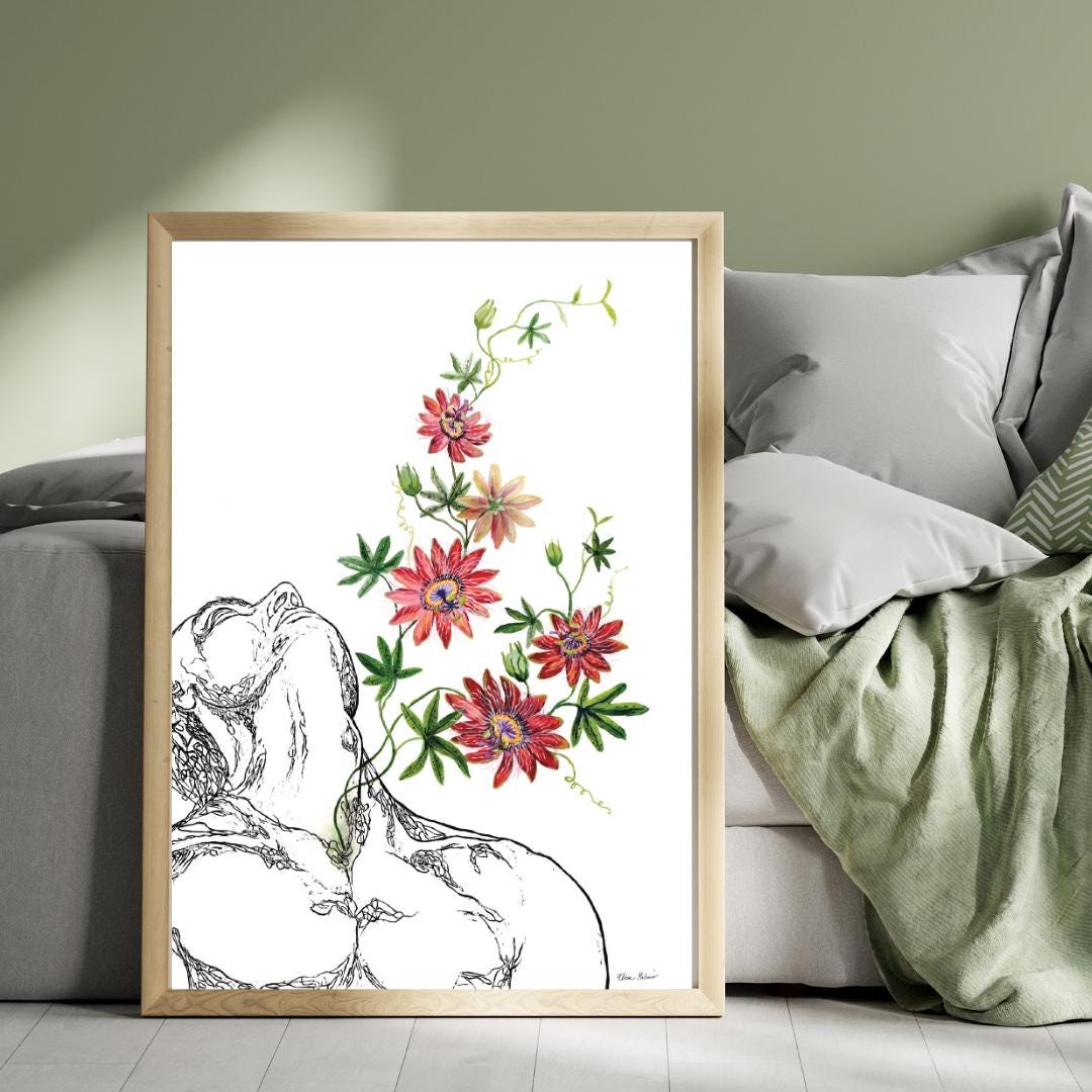 PASSIFLORA – Large Original Botanical Figurative Painting – Mixed Media Linocut & Acrylic Art
