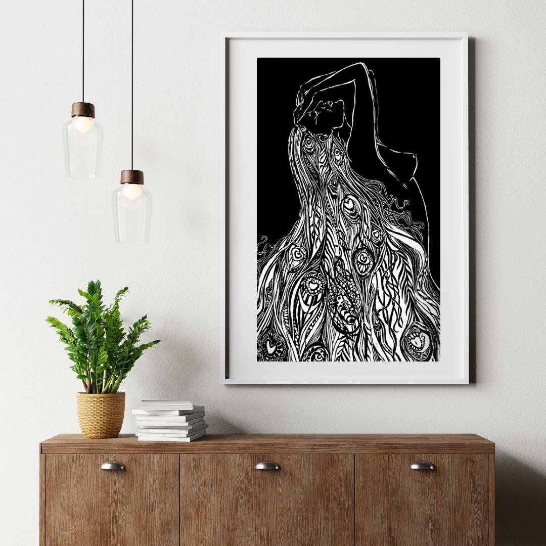 Of Water and Feathers XL | Original Peacock Feather Linocut Print | Hand-pulled Wall Art