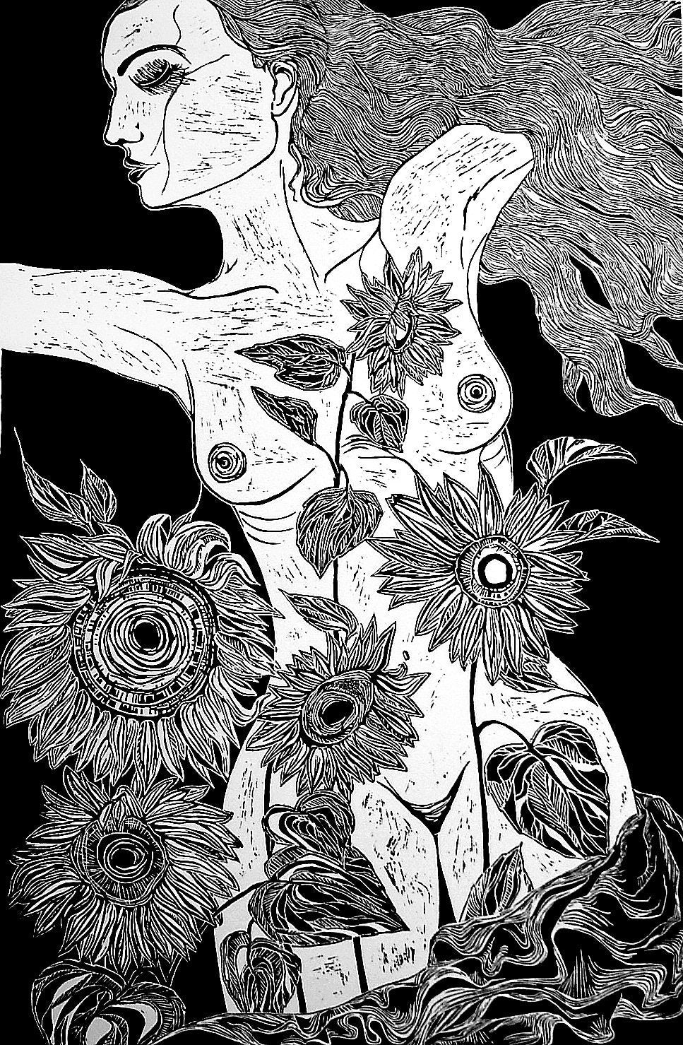 Sunflowers | Original Linocut Print | Botanical Artwork Black & White Etching Hand-pulled Wall Art Decor Linoprint