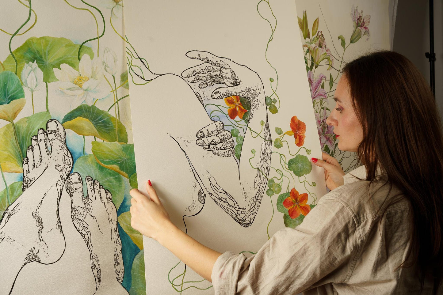 NASTURTIUM – Large Original Botanical Nude Painting – Mixed Media Linocut & Acrylic Art