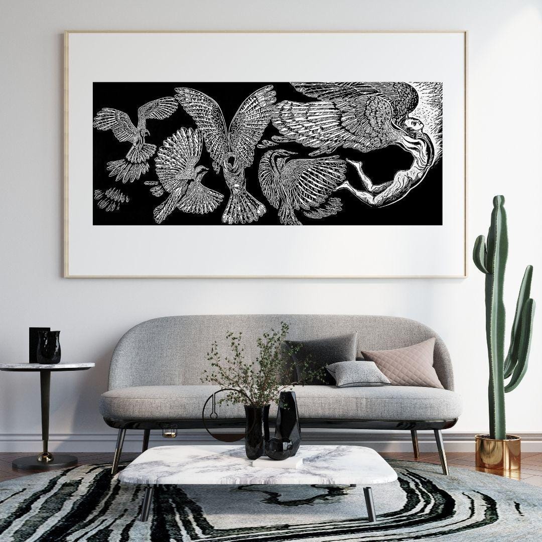 Who Are Angels? | Original Linocut Print | Wings Feathers Black & White Hand-pulled Wall Decor