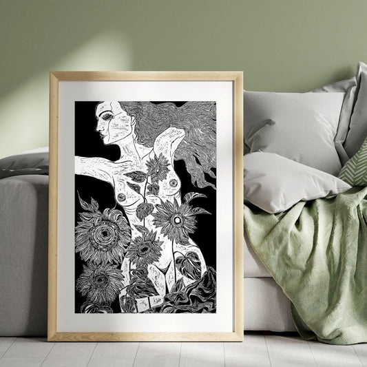 Sunflowers | Original Linocut Print | Botanical Artwork Black & White Etching Hand-pulled Wall Art Decor Linoprint