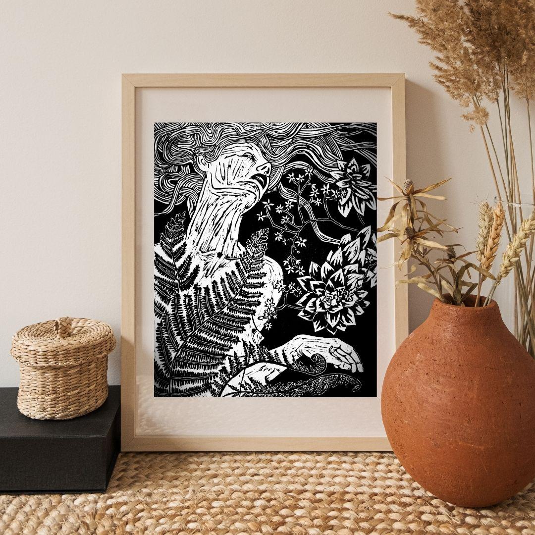 Fern Flower | Original Linocut Print | Botanical Black & White Hand-pulled | Wall Art Decor