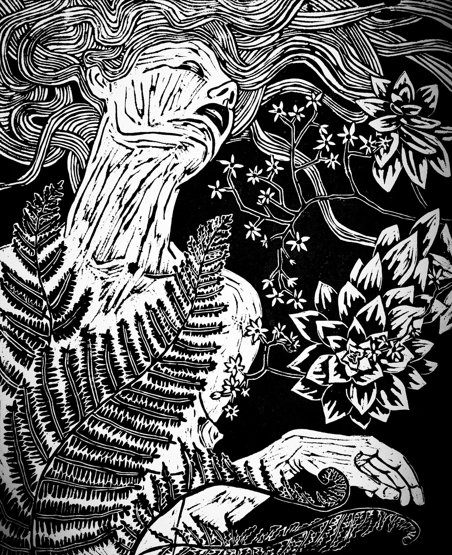 Fern Flower | Original Linocut Print | Botanical Black & White Hand-pulled | Wall Art Decor