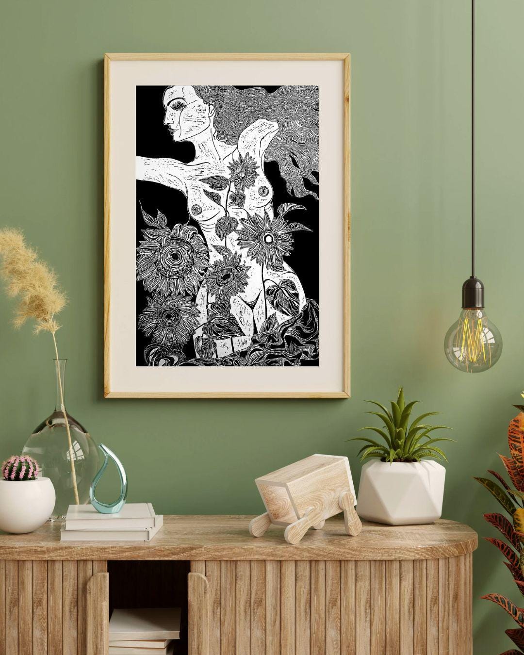 Sunflowers | Original Linocut Print | Botanical Artwork Black & White Etching Hand-pulled Wall Art Decor Linoprint