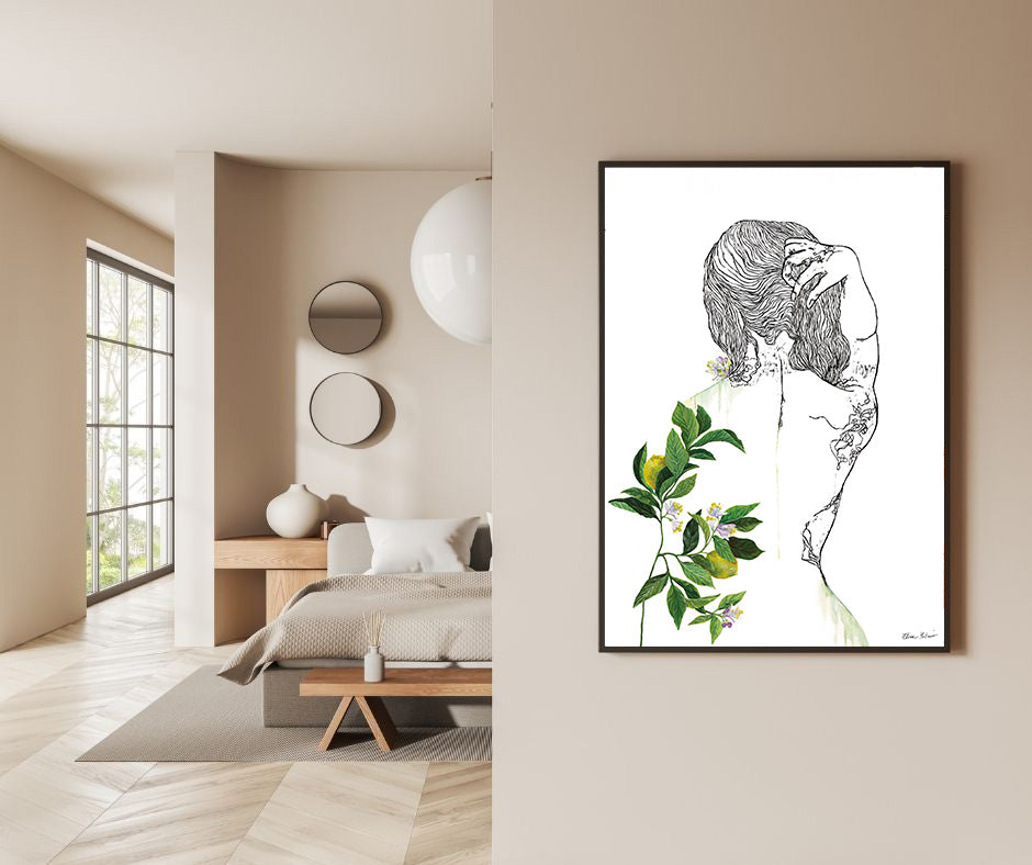CITRUS x LIMON – Large Original Lemon Botanical Nude Painting – Mixed Media Linocut & Acrylic Art