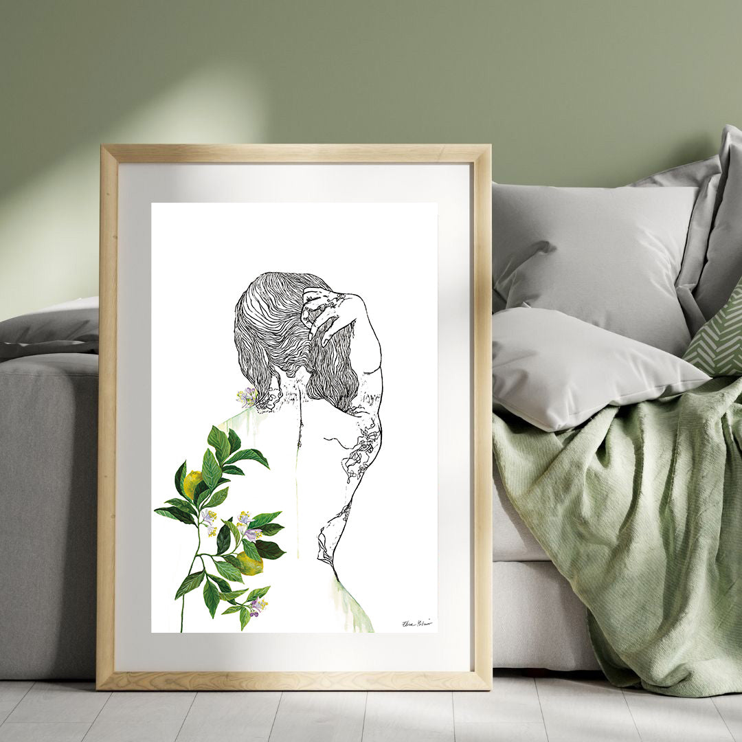 CITRUS x LIMON – Large Original Lemon Botanical Nude Painting – Mixed Media Linocut & Acrylic Art