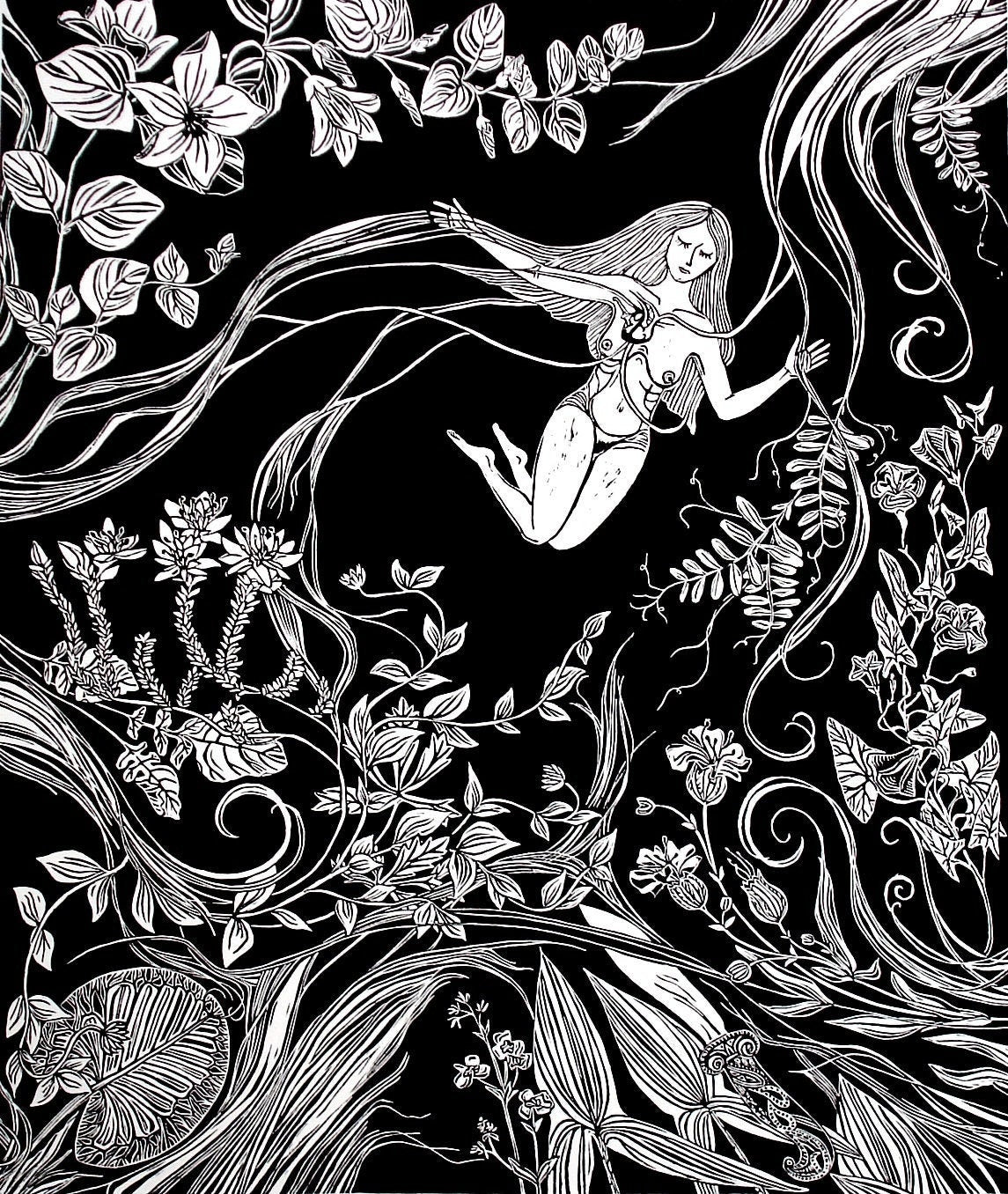 Ophelia | Original Linocut Print | Botanical Femenine Black & White Hand-pulled | Wall Art Decor