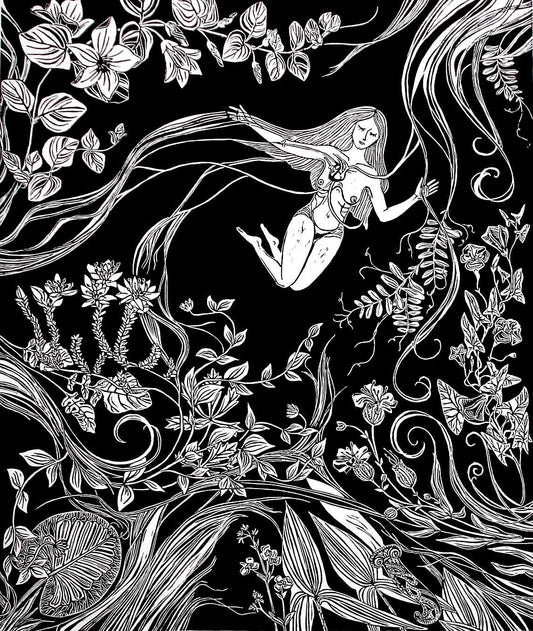 Ophelia | Original Linocut Print | Botanical Femenine Black & White Hand-pulled | Wall Art Decor