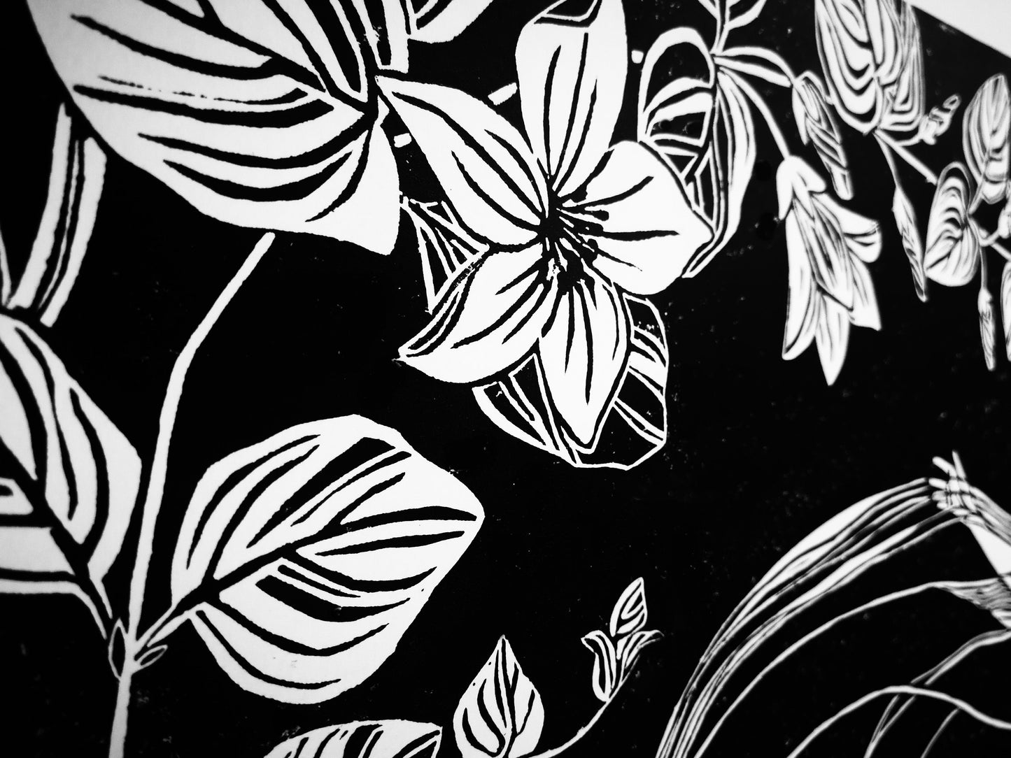 Ophelia | Original Linocut Print | Botanical Femenine Black & White Hand-pulled | Wall Art Decor