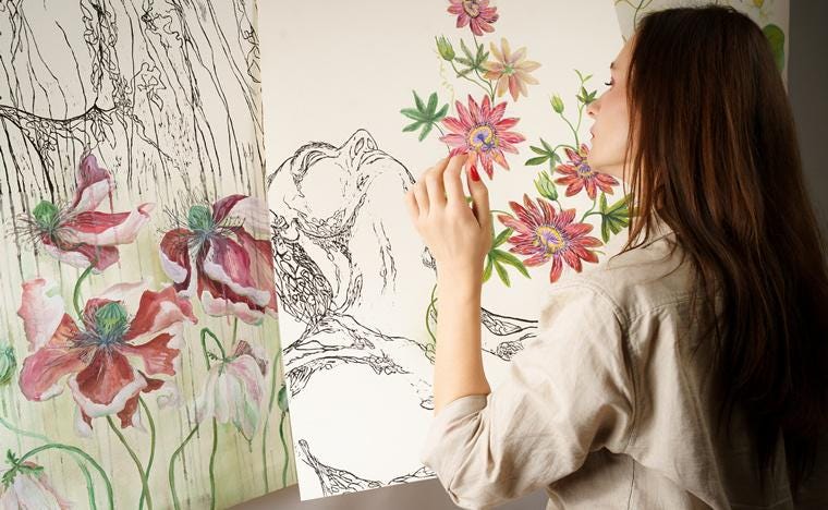 PASSIFLORA – Large Original Botanical Figurative Painting – Mixed Media Linocut & Acrylic Art