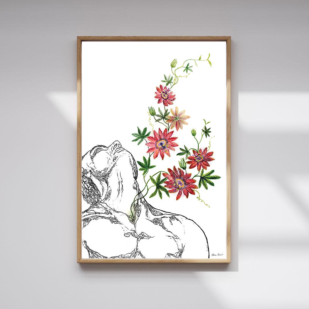 PASSIFLORA – Large Original Botanical Figurative Painting – Mixed Media Linocut & Acrylic Art