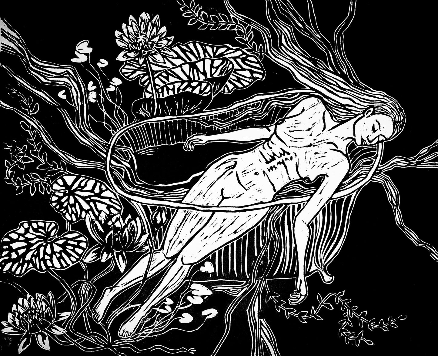 Water Lilies | Original Linocut Print | Botanical Black & White Hand-pulled Artwork
