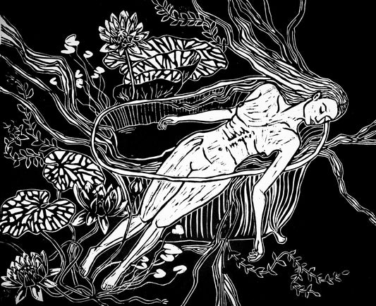 Water Lilies | Original Linocut Print | Botanical Black & White Hand-pulled Artwork