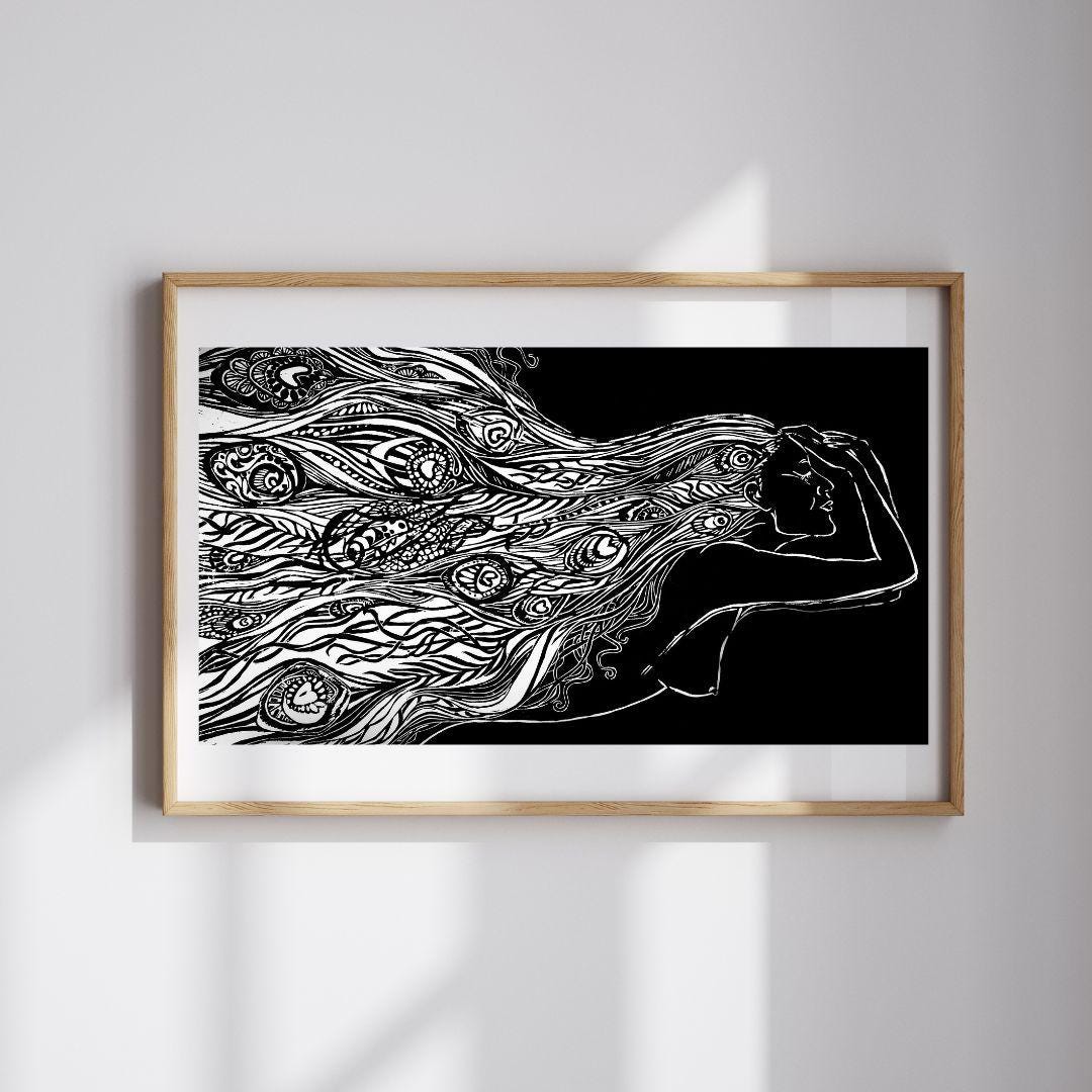 Of Water and Feathers XL | Original Peacock Feather Linocut Print | Hand-pulled Wall Art