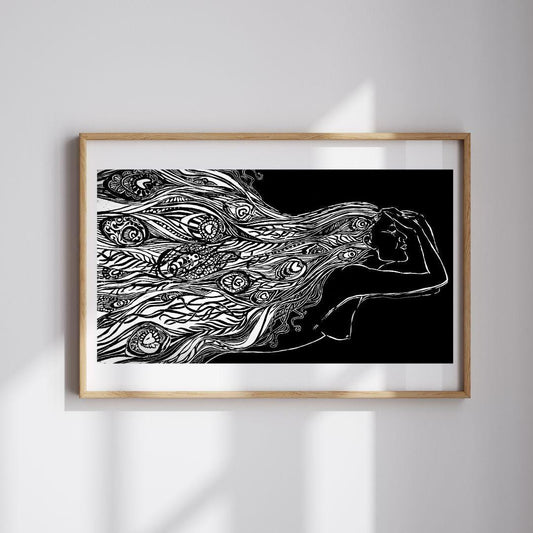 Of Water and Feathers XL | Original Peacock Feather Linocut Print | Hand-pulled Wall Art