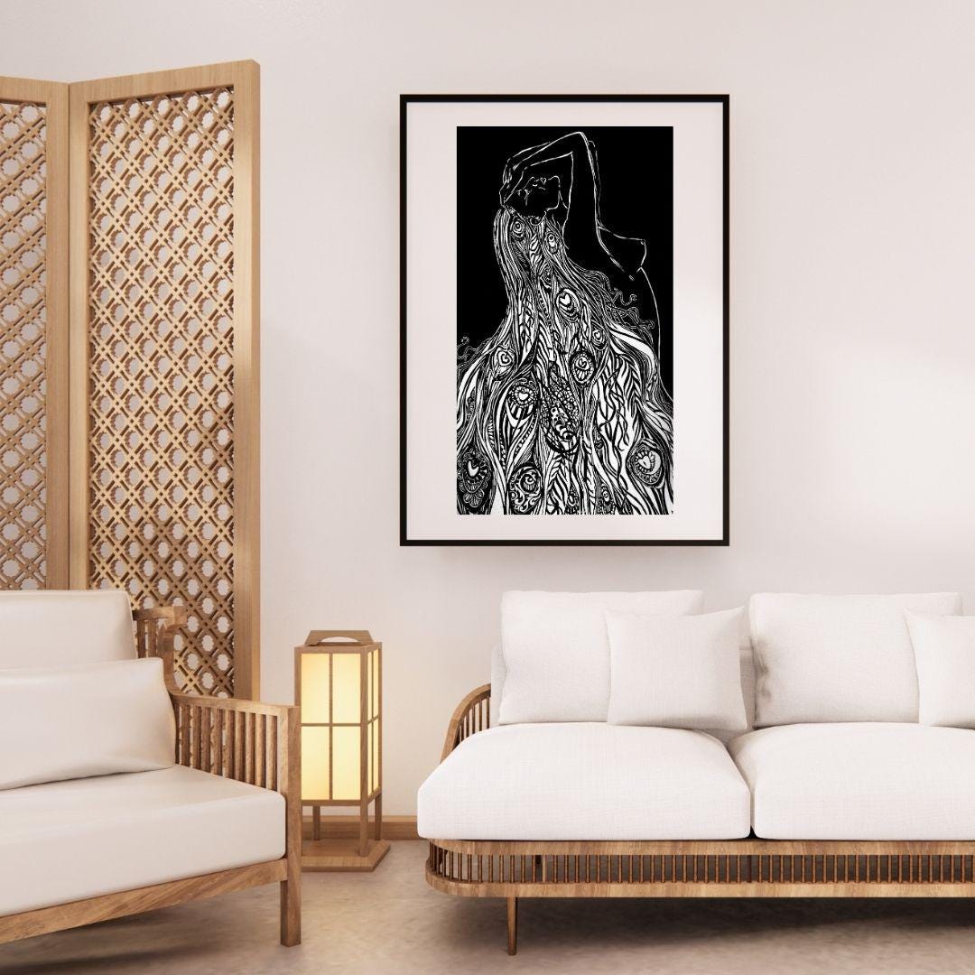 Of Water and Feathers XL | Original Peacock Feather Linocut Print | Hand-pulled Wall Art