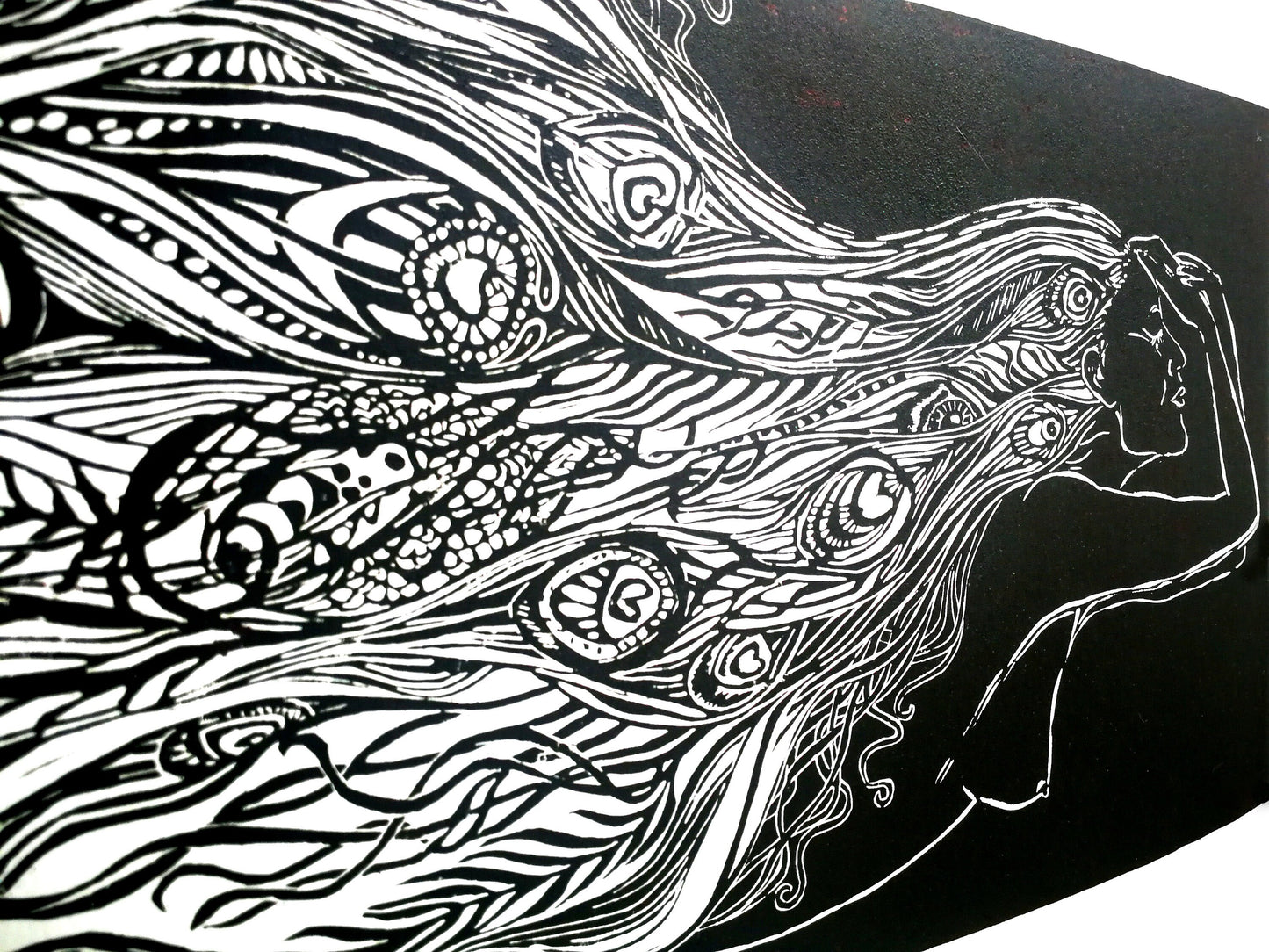 Of Water And Feathers | Original Linocut Print | Peacock Feathers | Hand-pulled Wall Art Decor