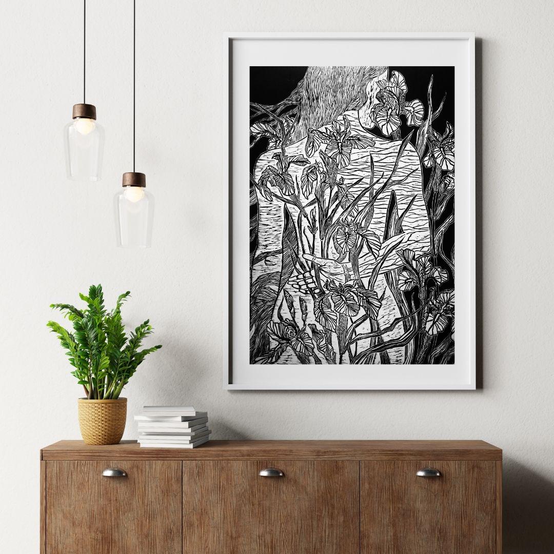 Iris | Original Linocut Print | Botanical Black & White Artwork Hand-pulled Wall Decor