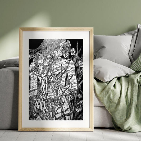 Iris | Original Linocut Print | Botanical Black & White Artwork Hand-pulled Wall Decor