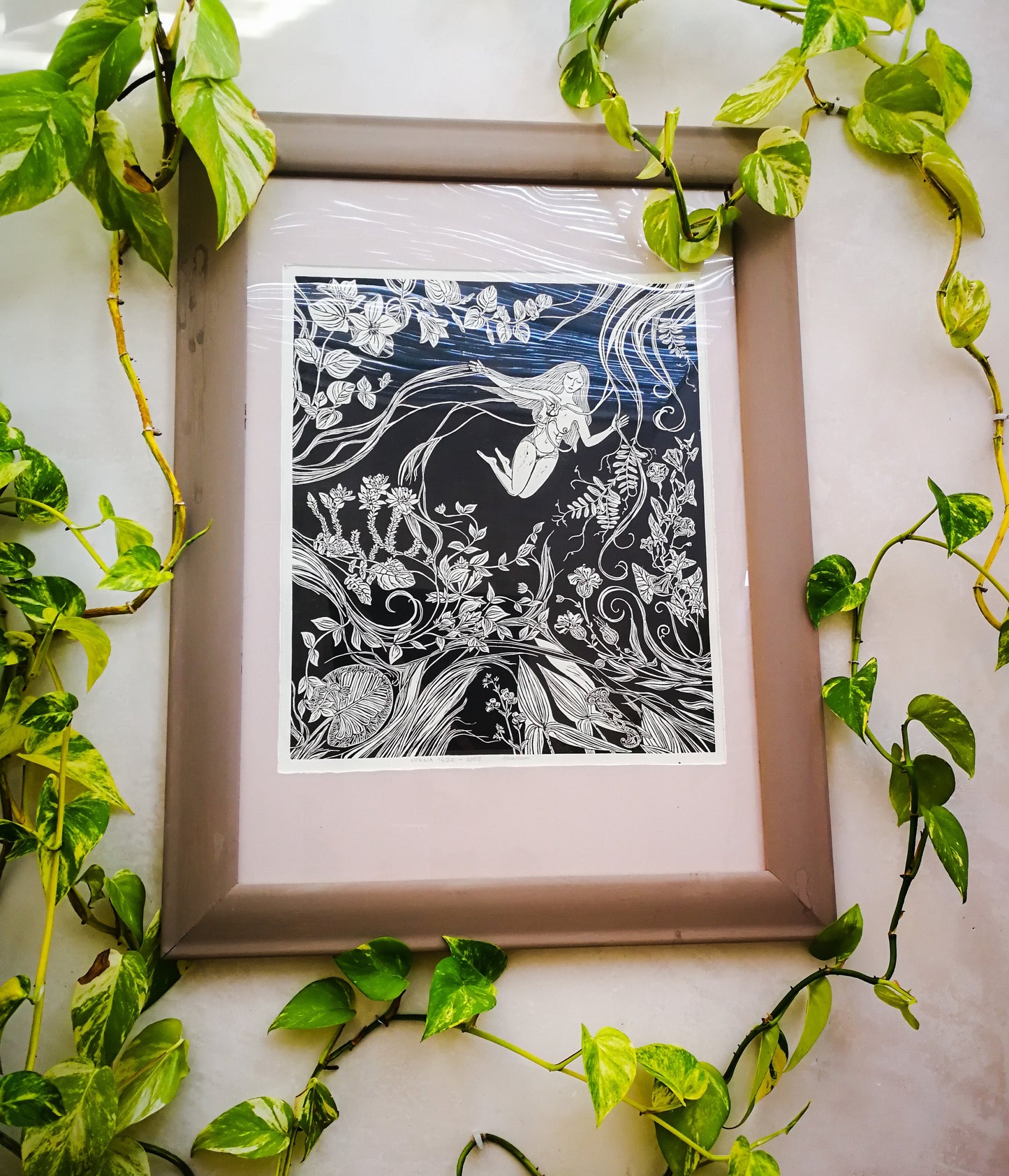 Ophelia | Original Linocut Print | Botanical Femenine Black & White Hand-pulled | Wall Art Decor