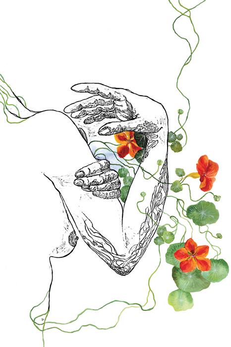NASTURTIUM – Large Original Botanical Nude Painting – Mixed Media Linocut & Acrylic Art