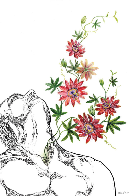 PASSIFLORA – Large Original Botanical Figurative Painting – Mixed Media Linocut & Acrylic Art