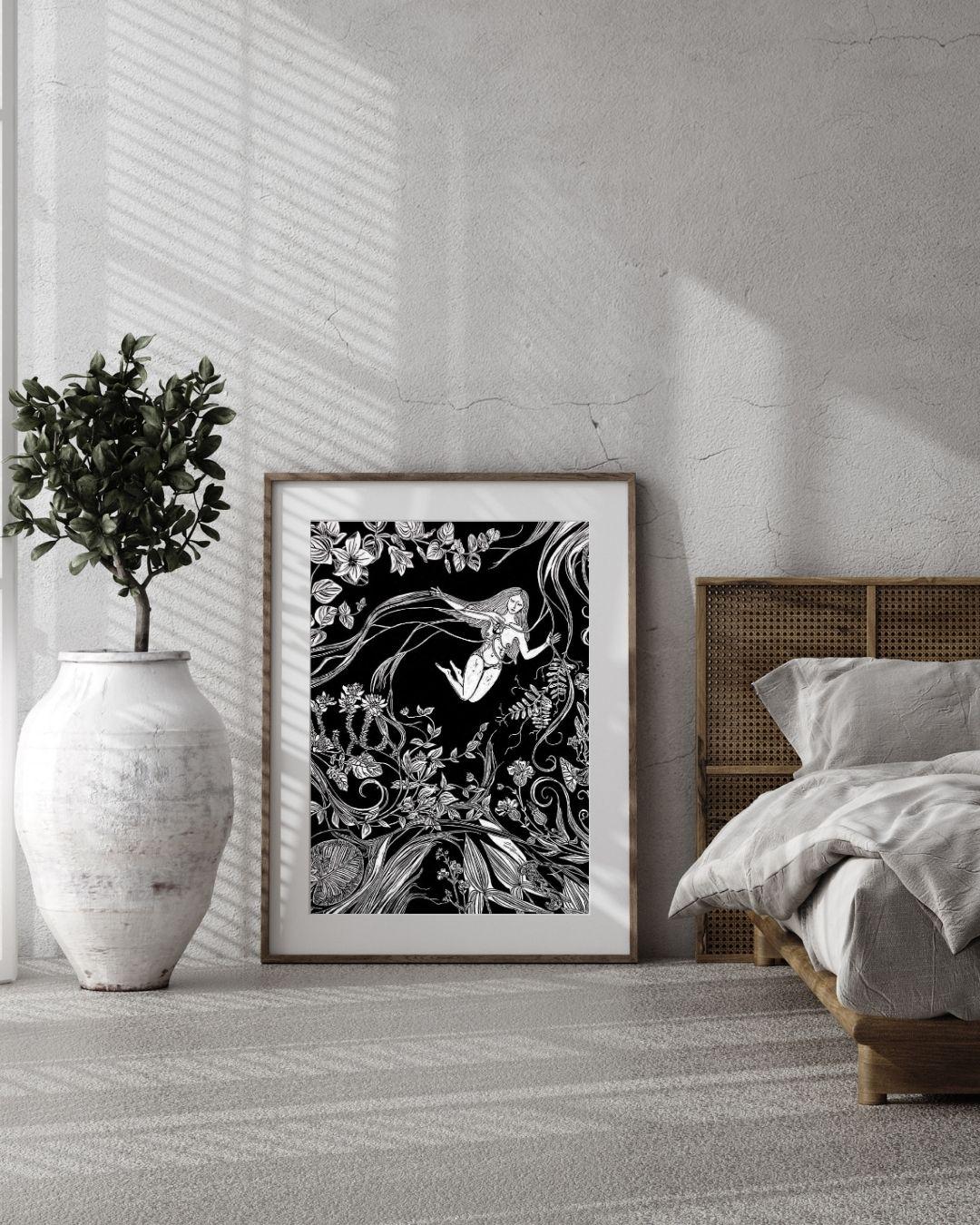 Ophelia | Original Linocut Print | Botanical Femenine Black & White Hand-pulled | Wall Art Decor