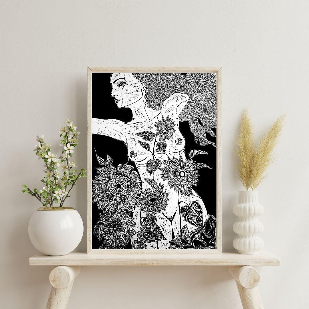 Sunflowers | Original Linocut Print | Botanical Artwork Black & White Etching Hand-pulled Wall Art Decor Linoprint