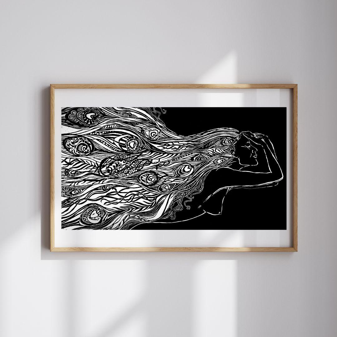 Of Water And Feathers | Original Linocut Print | Peacock Feathers | Hand-pulled Wall Art Decor