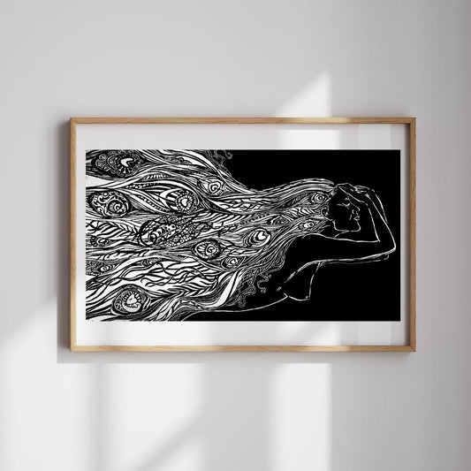 Of Water And Feathers | Original Linocut Print | Peacock Feathers | Hand-pulled Wall Art Decor