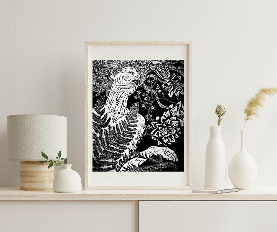 Fern Flower | Original Linocut Print | Botanical Black & White Hand-pulled | Wall Art Decor