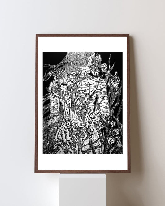 Iris | Original Linocut Print | Botanical Black & White Artwork Hand-pulled Wall Decor
