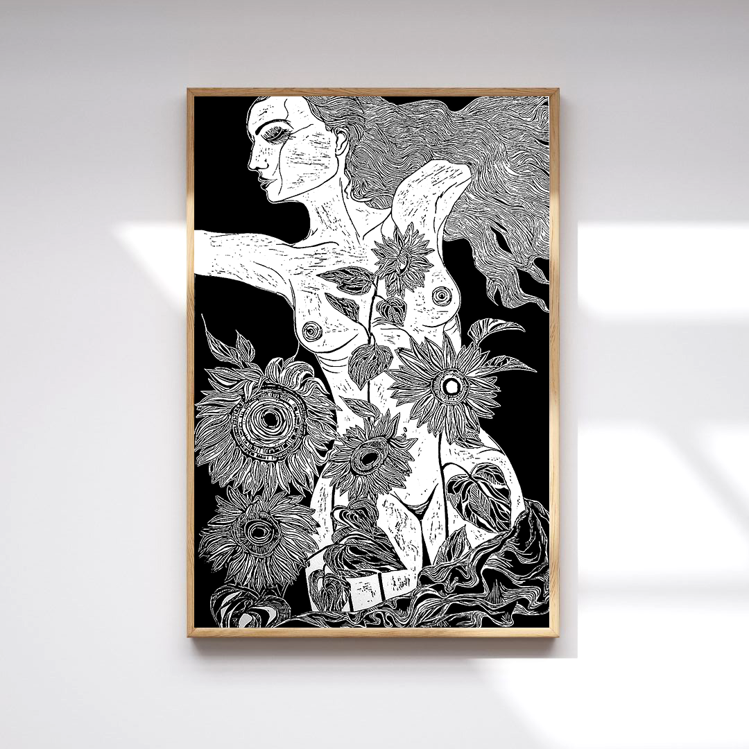 Sunflowers | Original Linocut Print | Botanical Artwork Black & White Etching Hand-pulled Wall Art Decor Linoprint
